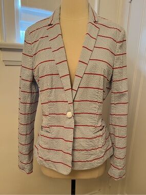 Brooks Brothers blue and white with red striped seersucker blazer